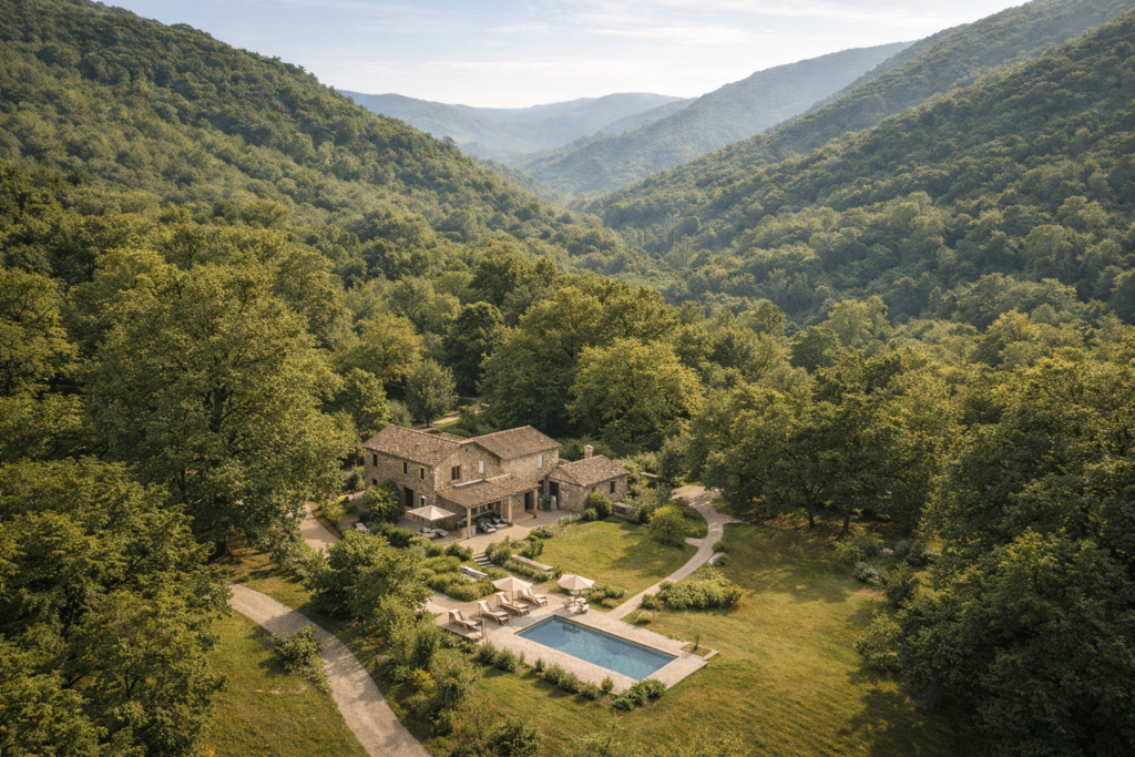 Vue aérienne du corp de ferme hotel évasion